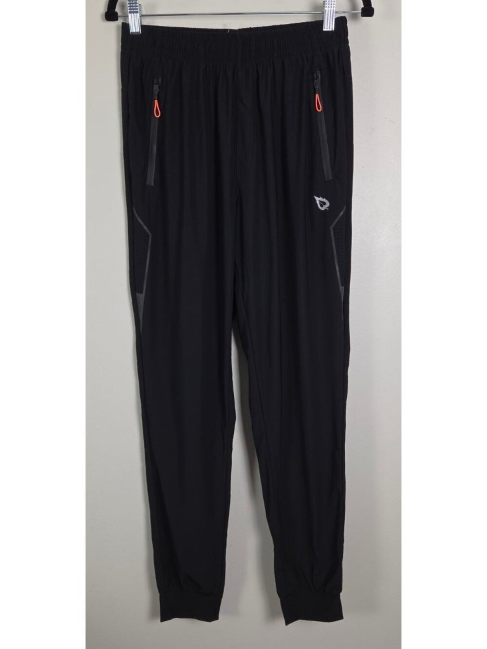 Mens Small Lightweight Black Athletic Joggers Zipper Pockets & Perforated Panels